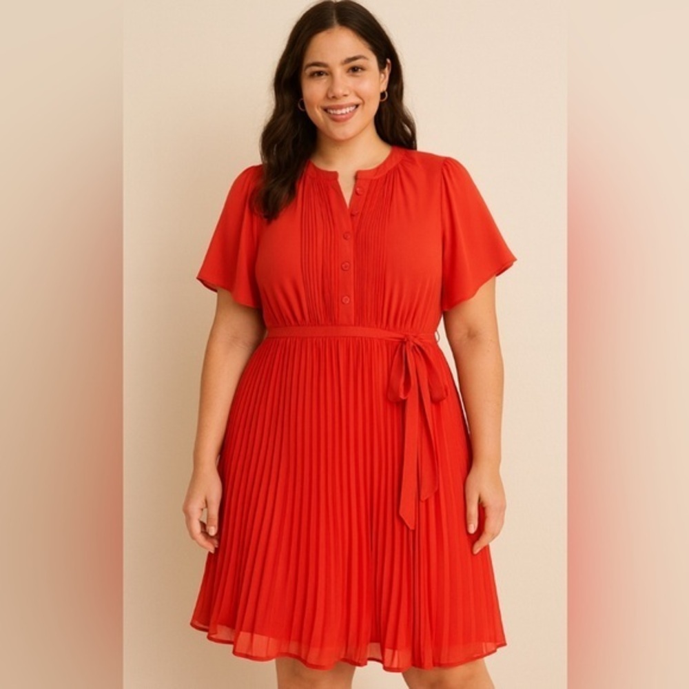 Umgee Boutique Women's Coral Red Soft Pleated Skirt  Tie Dress NWT M #2329